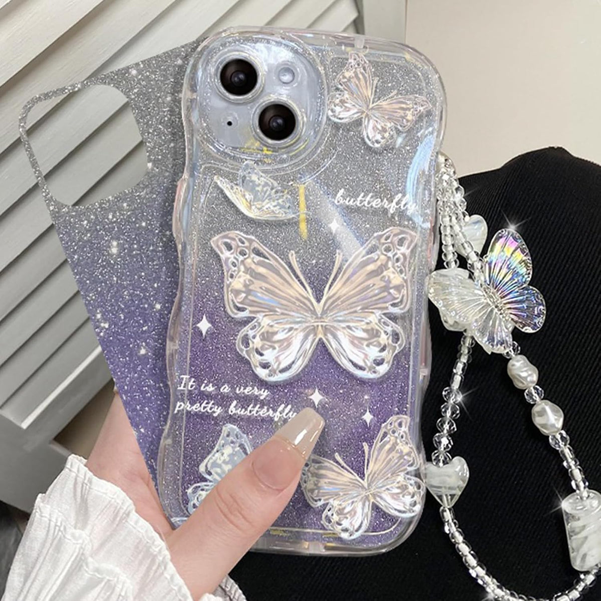 Cute Butterfly Glitter Bling Case Compatible with Iphone 13 | Anti-Scratch Shockproof Case, for Women/Girls, Blue with Bracelets.