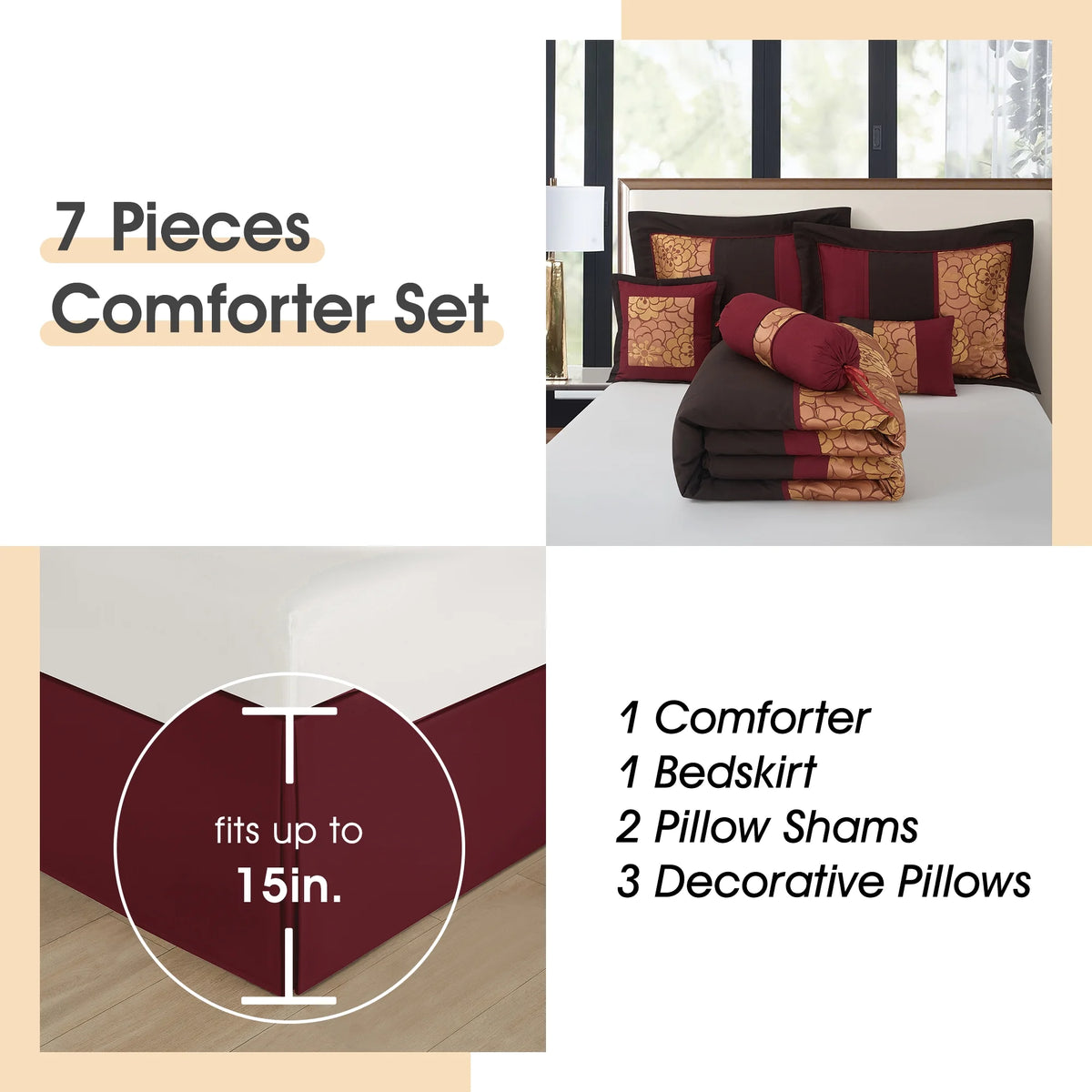 Lanco Nellie Floral 7-Piece Comforter Bedding Set,Classic, Bed Size Queen, Chocolate Brown, Fill Polyester, Floral