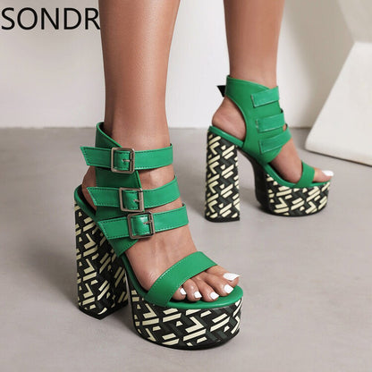 Womens Platform Peep Toe Belt Buckle Sandals Cut Out Super 15CM High Heel Shoes