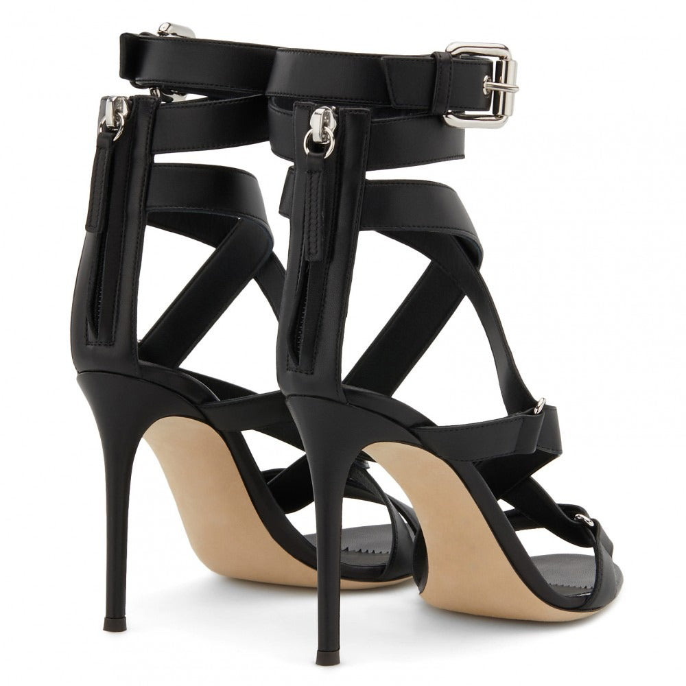 Black Pu Buckle Fish Eye Cross Strap With Back Zipper Slim High Heel Sandals
