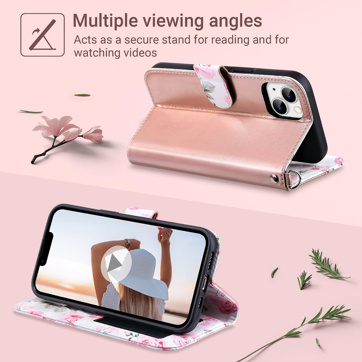 Compatible with Iphone 14 Wallet Case for Women, Rose Gold