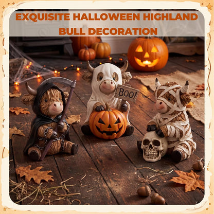 3 Pcs Halloween Highland Cow Figurines, Mummy Reaper Ghos Decor