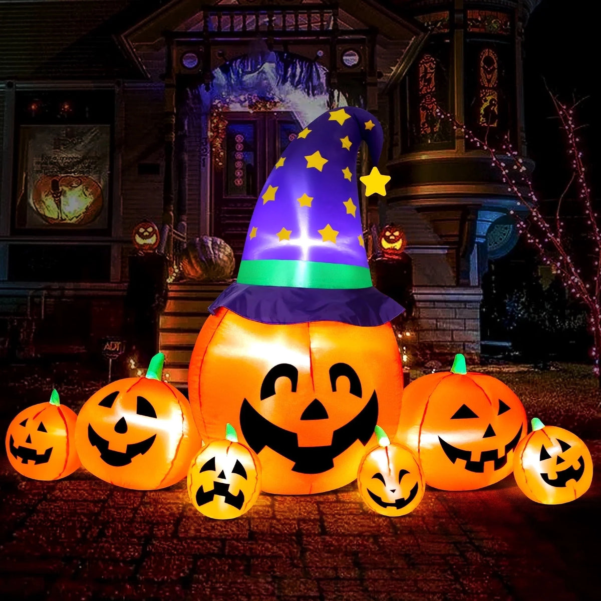 8.7Ft Halloween Inflatables Pumpkins 7 Blow up Decor with Witches Hat, Built-In LED Lights for Halloween Party, Yard, Garden, Lawn