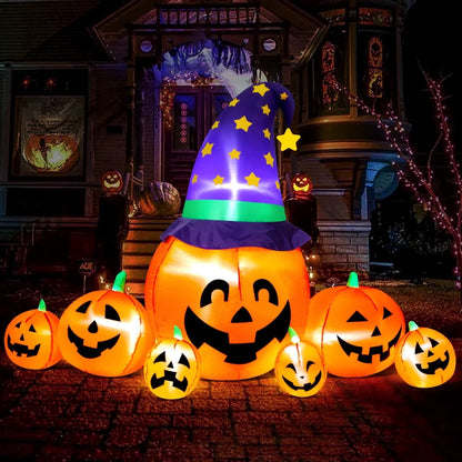 8.7Ft Halloween Inflatables Pumpkins 7 Blow up Decor with Witches Hat, Built-In LED Lights for Halloween Party, Yard, Garden, Lawn