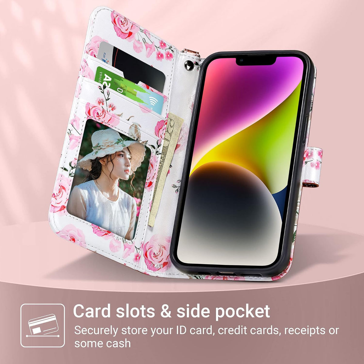 Compatible with Iphone 14 Wallet Case for Women, Rose Gold