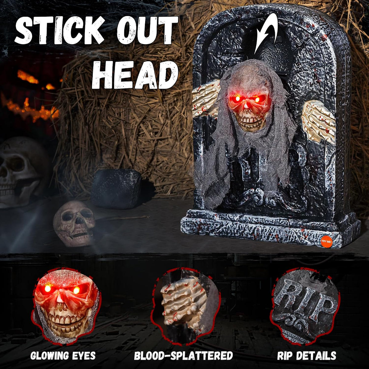 Halloween Animatronic Tombstone with Moving Skeleton - Sensor Activated Animated Scary Prop with Creepy Sound & Light-Up Eyes for Haunted House, Yard,Halloween Party Decor