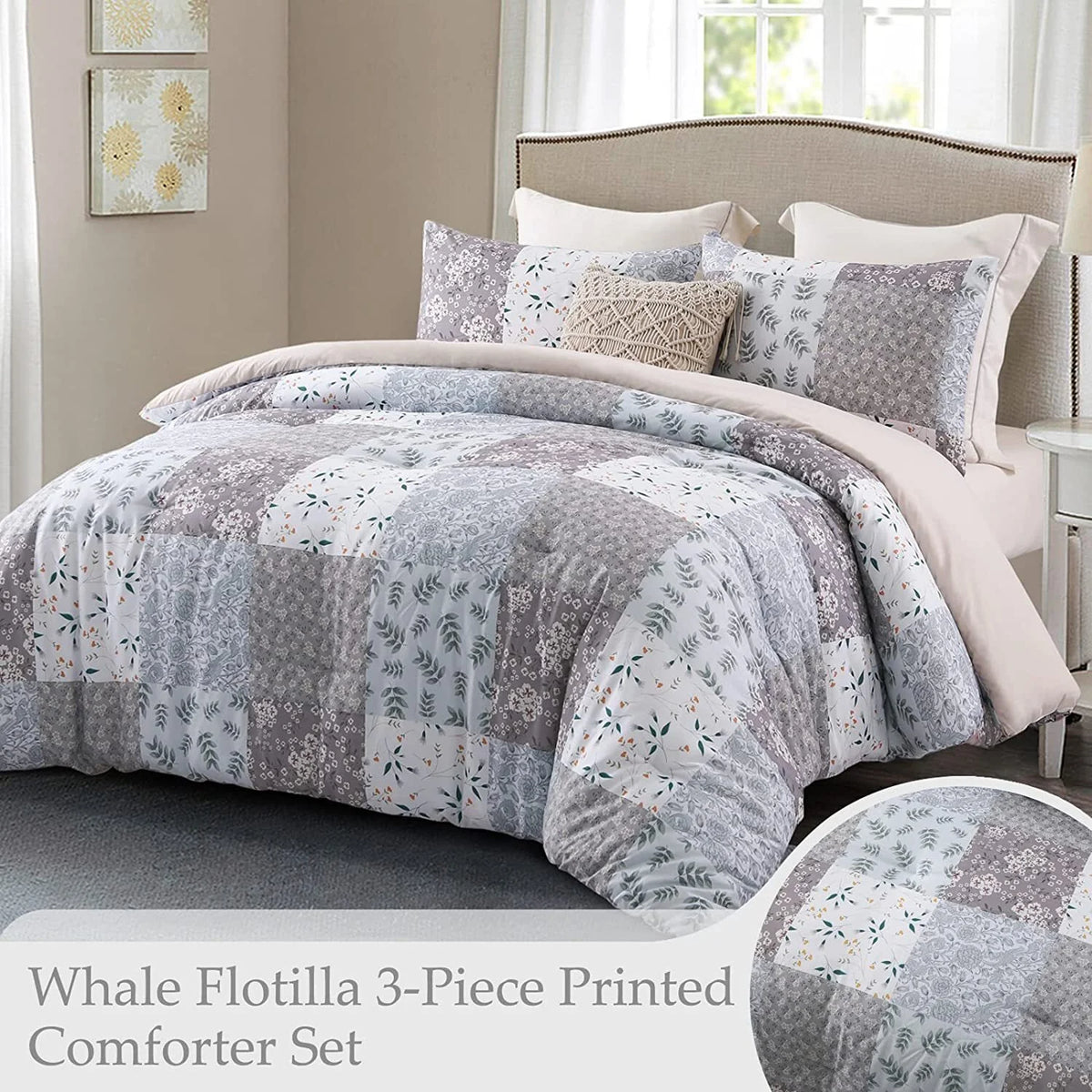 3-Piece King Comforter Set, Soft Reversible Bedding Comforter Sets, Patchwork Printed down Alternative Comforter Duvet for All Seasons, Grey