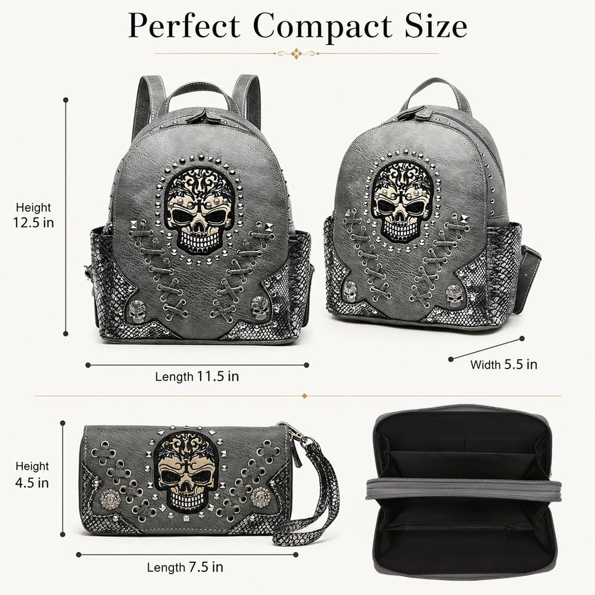 Gothic Skull Backpack Purse and Wallet Set for Women