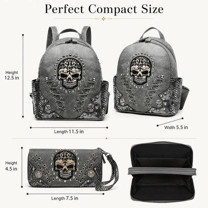 Gothic Skull Backpack Purse and Wallet Set for Women