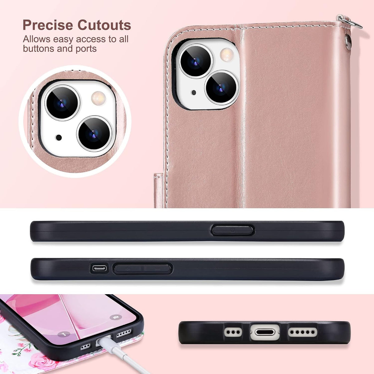 Compatible with Iphone 14 Wallet Case for Women, Rose Gold