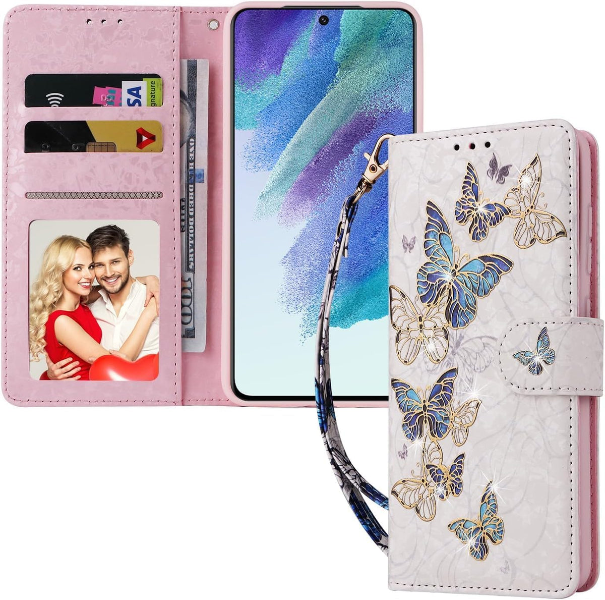 Wallet Case for Samsung Galaxy A15 4G/5G, PU Leather Phone Case Kickstand RFID Blocking Flip Case Card Slots Wrist Strap Relief Engraved Pattern Magnetic Closure Folio Case - Blue Butterfly