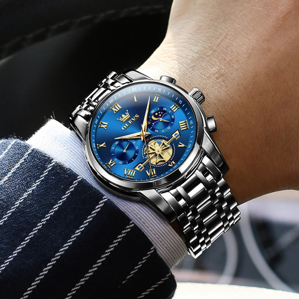 Mens Watches Chronograph Business Dress Quartz Stainless Steel Waterproof Luminous Date Wrist Watch for Men Blue Dial