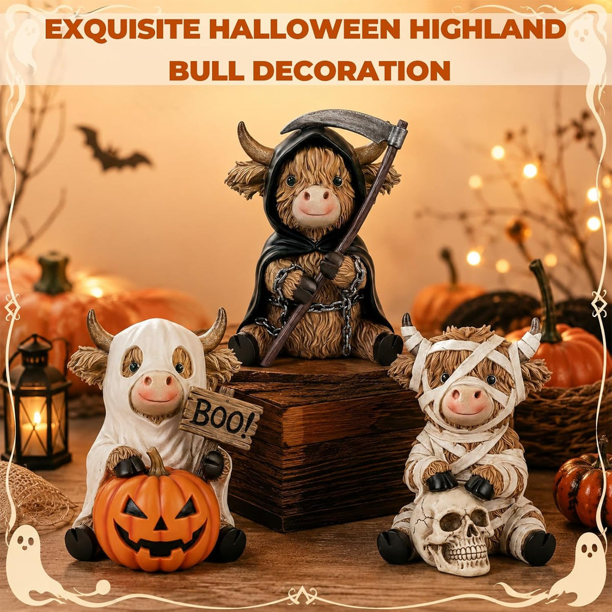 3 Pcs Halloween Highland Cow Figurines, Mummy Reaper Ghos Decor