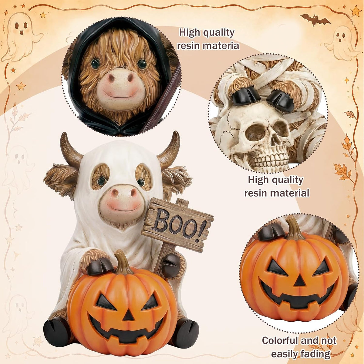 3 Pcs Halloween Highland Cow Figurines, Mummy Reaper Ghos Decor