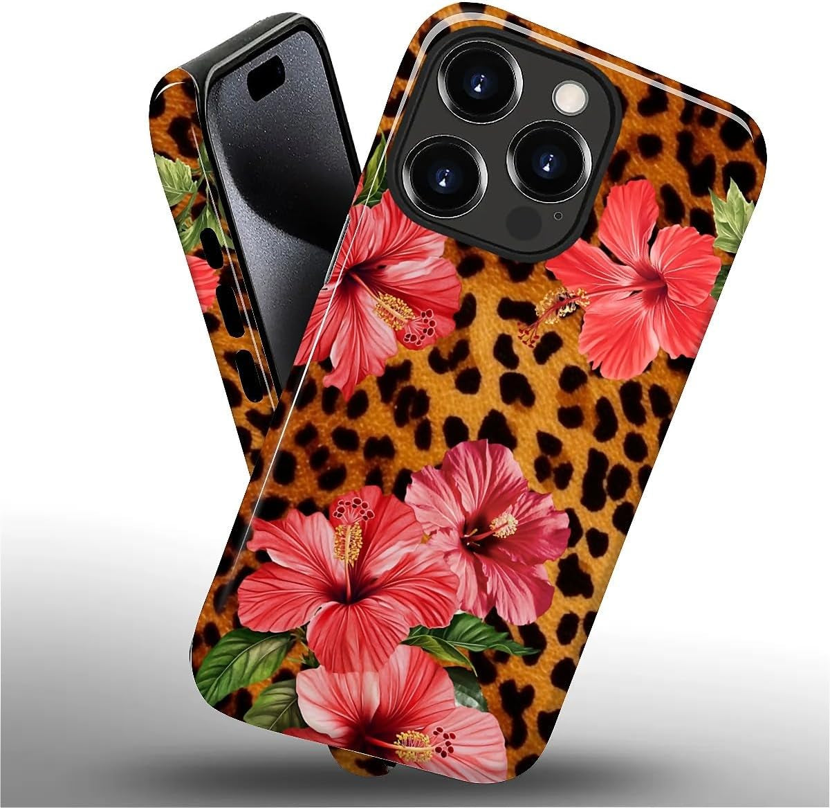 Case for Iphone 15 Pro Max, Hybrid Heavy Duty 2 in 1 Full Body Rugged Shockproof Protection Glossy Case for Iphone 15 Pro Max - Leopard Tropical Beachy Floral