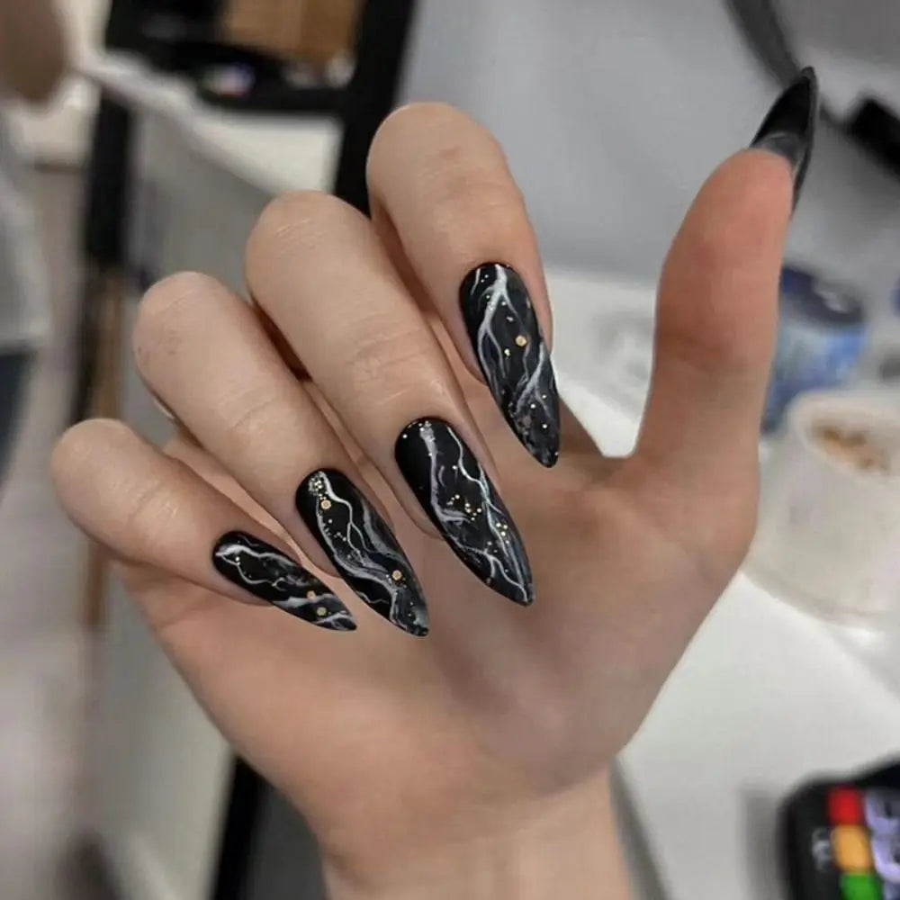 24Pc Halloween False Nails Long Almond Fake Nails Sharp Nail French Ballerina Diamond Press on Nails Artificial Nail Enhancement
