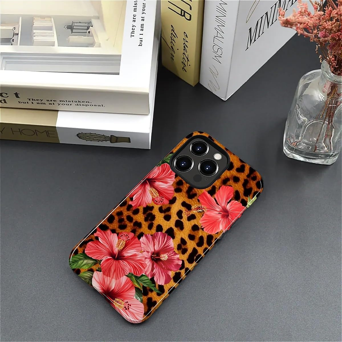 Case for Iphone 15 Pro Max, Hybrid Heavy Duty 2 in 1 Full Body Rugged Shockproof Protection Glossy Case for Iphone 15 Pro Max - Leopard Tropical Beachy Floral
