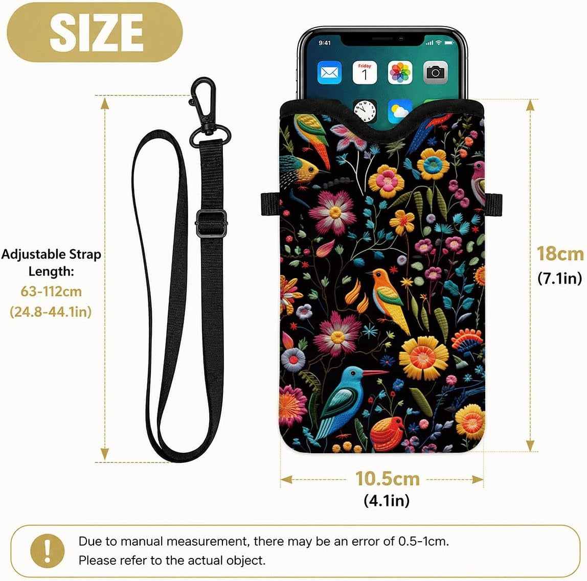 Neoprene Cell Phone Sleeve Pouch Case Bag, 7.1 X 3.9 In, Shockproof Phone Bag for Men Women with Crossbody Strap Neck Lanyard, Fits Most Phones, Tropical Birds