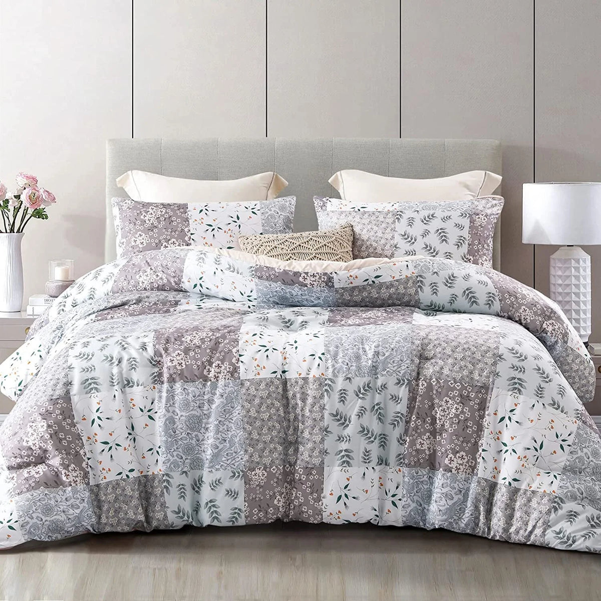 3-Piece King Comforter Set, Soft Reversible Bedding Comforter Sets, Patchwork Printed down Alternative Comforter Duvet for All Seasons, Grey