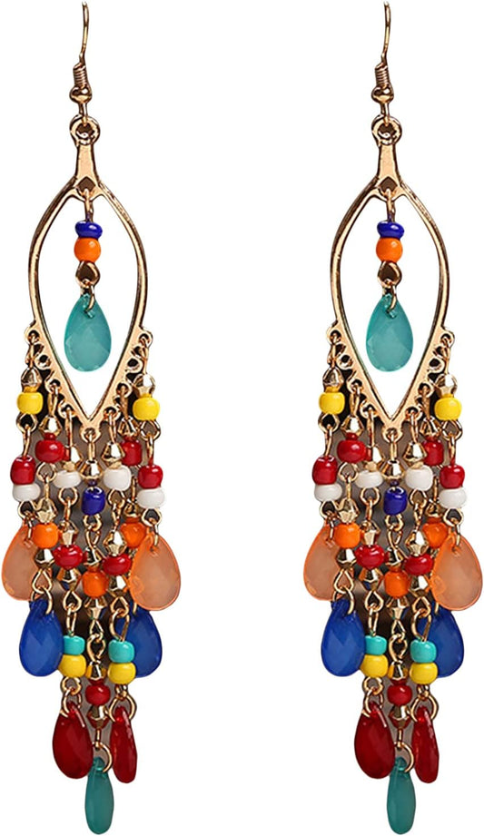 Essencedelight Crystal Beaded Tassel Earring Long Beaded Dangle Earring Fringe Hook Earring for Women Bridal Wedding