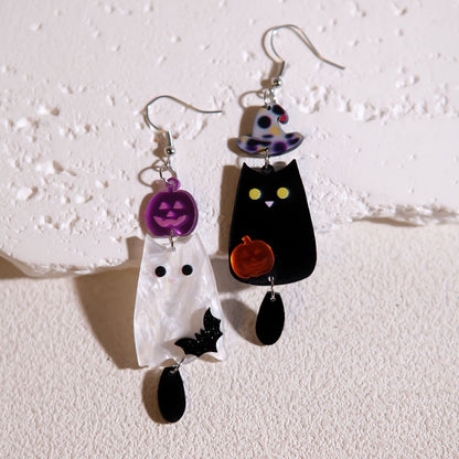 Halloween Black and White Ghost Pumpkin Bat Acrylic Earrings, Quirky Minimalist Design Creative Earrings
