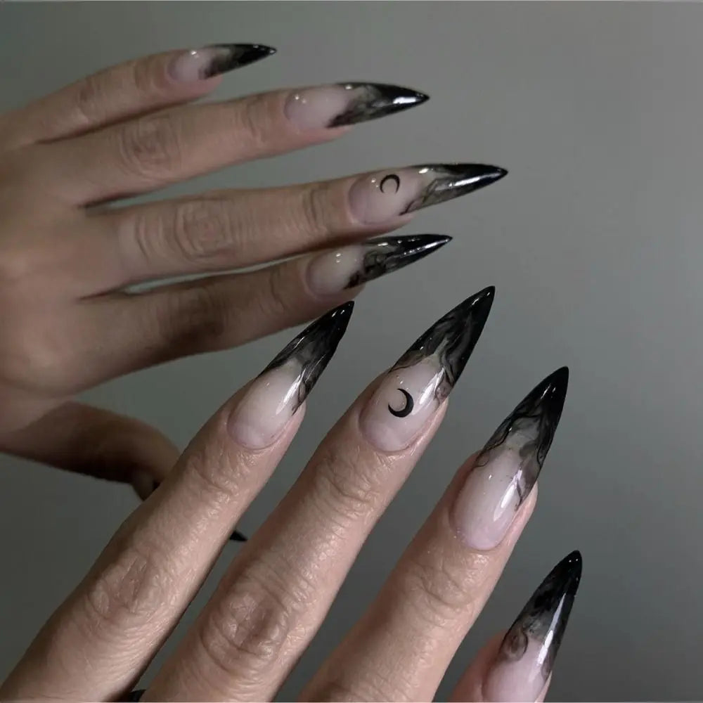 24Pc Halloween False Nails Long Almond Fake Nails Sharp Nail French Ballerina Diamond Press on Nails Artificial Nail Enhancement