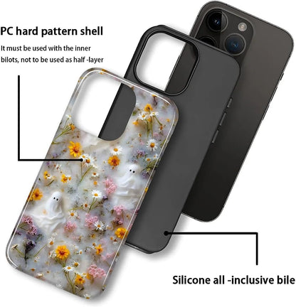 Case for Iphone 13 Pro,Shockproof Hard Shell + Soft Silicone 2 in 1 Hybrid,Shockproof Bumper Drop Protective - Ghost Floral Halloween