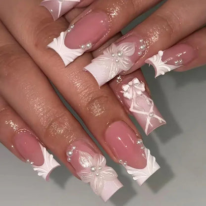 24Pcs Rhinestones Press on Nails Art Datachable Glitter French Acrylic Nails Tip Flower Long Square Fake Nail Pink False Nails