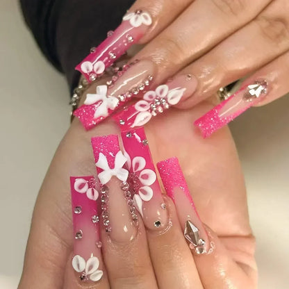 24Pcs Long French Fake Nails with Glue Ballet False Nails Butterfly Rhinestone Design Press on Nails Wearable Coffin Nail Tips