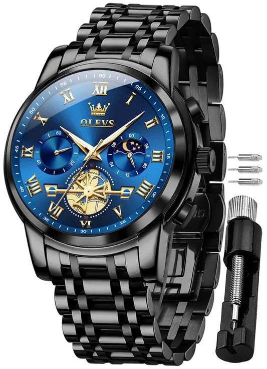 Mens Watches Chronograph Business Dress Quartz Stainless Steel Waterproof Luminous Date Wrist Watch for Men Blue Dial