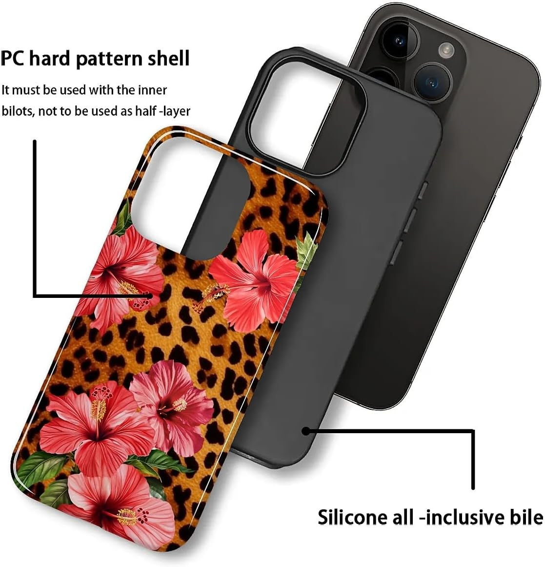 Case for Iphone 15 Pro Max, Hybrid Heavy Duty 2 in 1 Full Body Rugged Shockproof Protection Glossy Case for Iphone 15 Pro Max - Leopard Tropical Beachy Floral