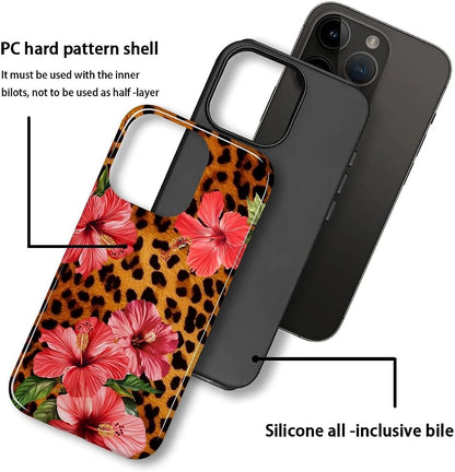 Case for Iphone 15 Pro Max, Hybrid Heavy Duty 2 in 1 Full Body Rugged Shockproof Protection Glossy Case for Iphone 15 Pro Max - Leopard Tropical Beachy Floral
