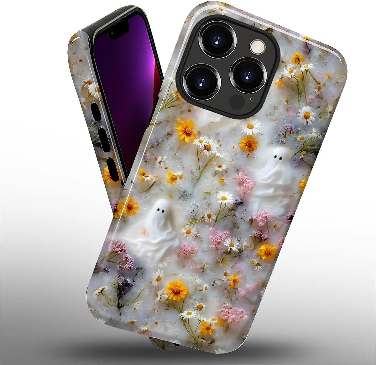 Case for Iphone 13 Pro,Shockproof Hard Shell + Soft Silicone 2 in 1 Hybrid,Shockproof Bumper Drop Protective - Ghost Floral Halloween