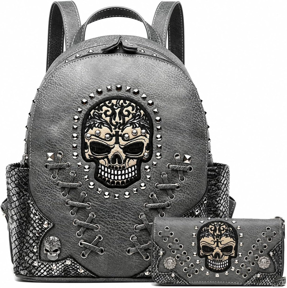 Gothic Skull Backpack Purse and Wallet Set for Women