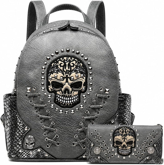 Gothic Skull Backpack Purse and Wallet Set for Women