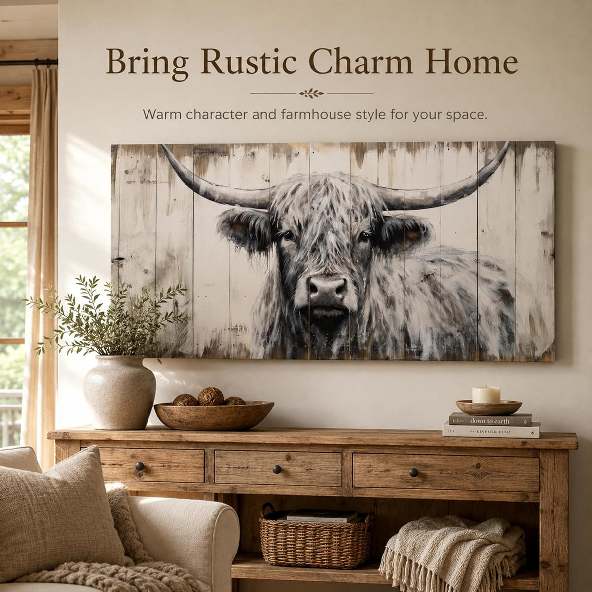 Large Highland Cow Canvas Wall Art, Black and White Cow Picture, 20X40 Inch