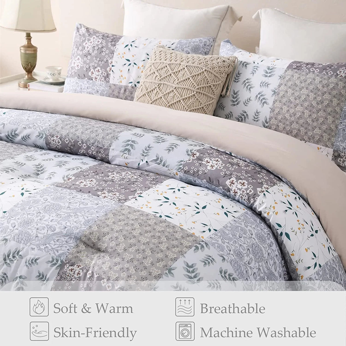 3-Piece King Comforter Set, Soft Reversible Bedding Comforter Sets, Patchwork Printed down Alternative Comforter Duvet for All Seasons, Grey