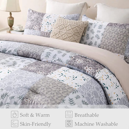 3-Piece King Comforter Set, Soft Reversible Bedding Comforter Sets, Patchwork Printed down Alternative Comforter Duvet for All Seasons, Grey