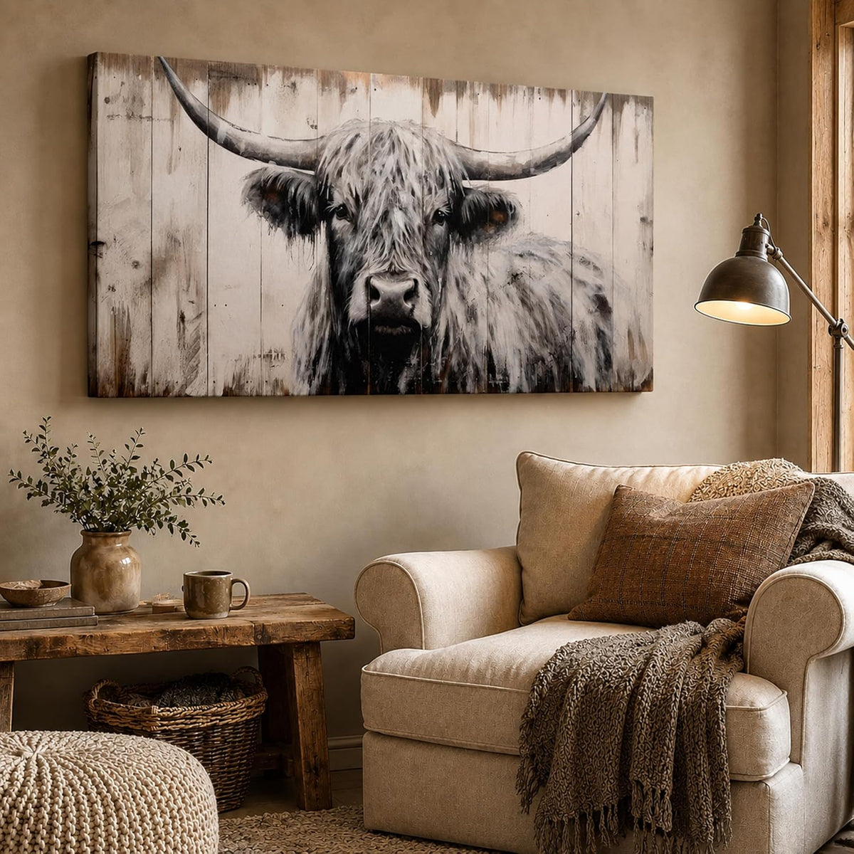 Large Highland Cow Canvas Wall Art, Black and White Cow Picture, 20X40 Inch