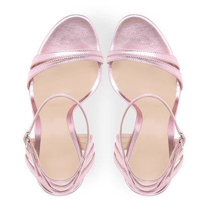 Womens Pink Slim High Heeled Sandals, Large Pointed Open Toe