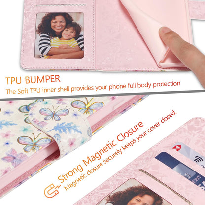 Wallet Case for Samsung Galaxy A16 4G/5G, PU Leather Phone Cover Kickstand RFID Blocking Flip Case Card Slots Wrist Strap Relief Engraved Pattern Magnetic Closure Folio Cover - Butterfly