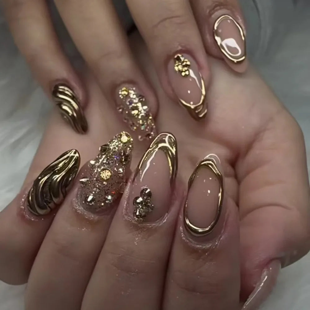 24Pcs Gradient Pink Fake Nails Long Almond False Nails with Pearl Sparkling Design Press on Nails Wearable Manicure Nail Tips