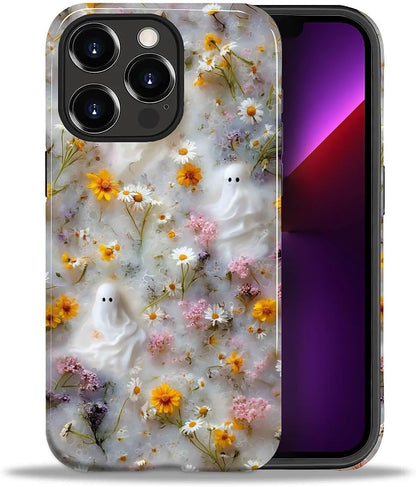 Case for Iphone 13 Pro,Shockproof Hard Shell + Soft Silicone 2 in 1 Hybrid,Shockproof Bumper Drop Protective - Ghost Floral Halloween