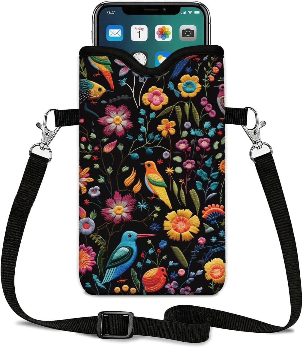 Neoprene Cell Phone Sleeve Pouch Case Bag, 7.1 X 3.9 In, Shockproof Phone Bag for Men Women with Crossbody Strap Neck Lanyard, Fits Most Phones, Tropical Birds