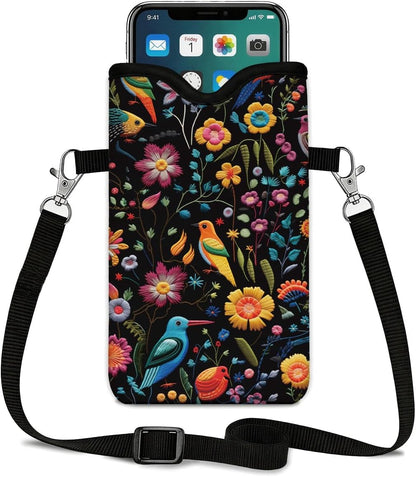 Neoprene Cell Phone Sleeve Pouch Case Bag, 7.1 X 3.9 In, Shockproof Phone Bag for Men Women with Crossbody Strap Neck Lanyard, Fits Most Phones, Tropical Birds