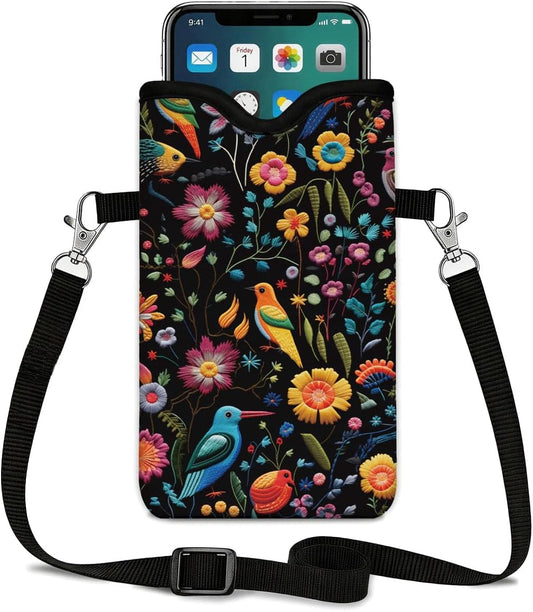 Neoprene Cell Phone Sleeve Pouch Case Bag, 7.1 X 3.9 In, Shockproof Phone Bag for Men Women with Crossbody Strap Neck Lanyard, Fits Most Phones, Tropical Birds