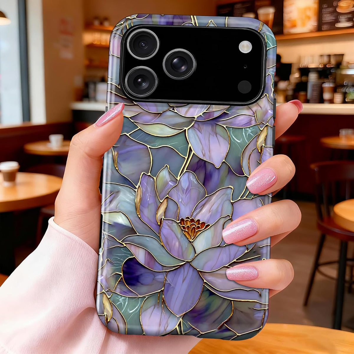 For Iphone 17 Pro Max Case,With Cute Wildflower Design,Dual Layer Soft TPU Hard PC Bumper Case,Protective Phone Cover for Women Girls- Stained Glass-Style Lotus Flowers