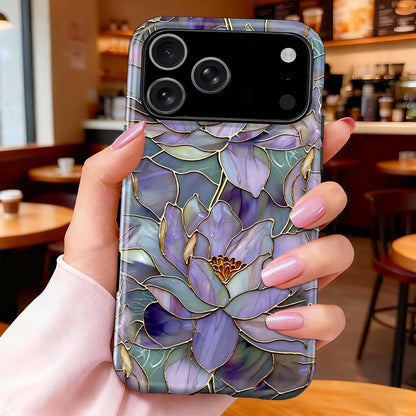 For Iphone 17 Pro Max Case,With Cute Wildflower Design,Dual Layer Soft TPU Hard PC Bumper Case,Protective Phone Cover for Women Girls- Stained Glass-Style Lotus Flowers