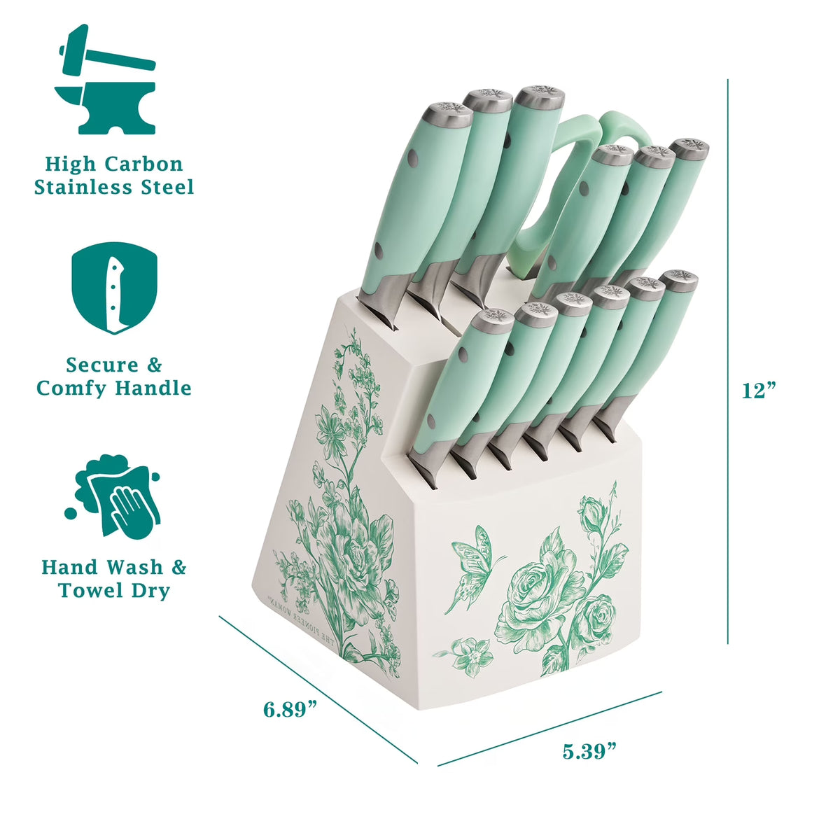 14 Pieces Knife Set with Decal Block Stainless Steel Knives, Forged, Green Agatha