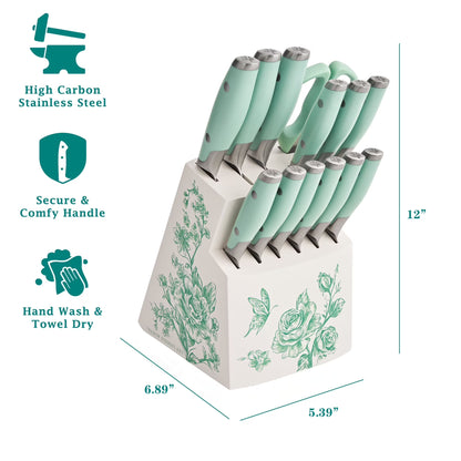 14 Pieces Knife Set with Decal Block Stainless Steel Knives, Forged, Green Agatha